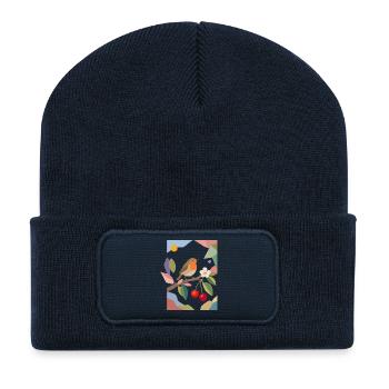 Rotkehlchen Vogel auf Ast Kirsch Design - Recycelte Patch Beanie - French Navy - Vorne