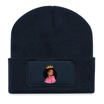 Black Royal – Dame mit rosa Kapuze - Recycelte Patch Beanie - French Navy - Vorne