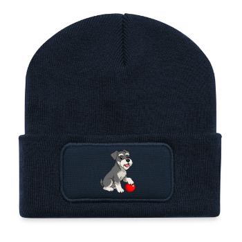 Image joyeuse d’un schnauzer avec une balle rouge - Beanie recyclé à patch - bleu marine - Devant