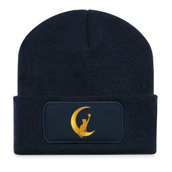 Goldener Halbmond mit einer Katze - Recycelte Patch Beanie - French Navy - Vorne