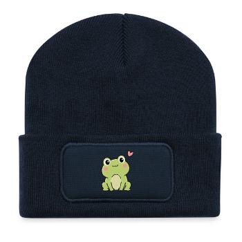 Süßer Kawaii-Frosch mit Herz-Cartoon-Aufkleber - Recycelte Patch Beanie - French Navy - Vorne