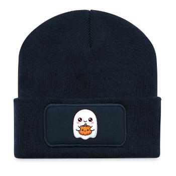 Süße Geisterfigur, die einen kleinen, glücklichen Kürbis hält - Recycelte Patch Beanie - French Navy - Vorne