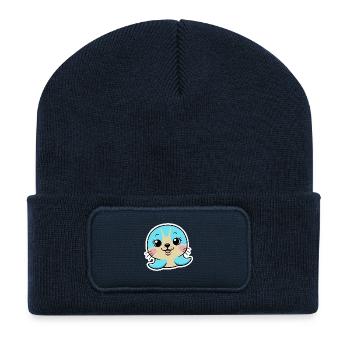 Seehund / Seerobbe -Niedlicher Blick - Blau - Recycelte Patch Beanie - French Navy - Vorne