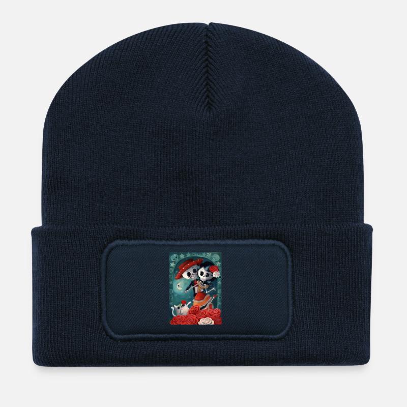 Weiß/Schwarz Dia de Los Muertos Lovers Handy & - Recycelte Patch Beanie - French Navy