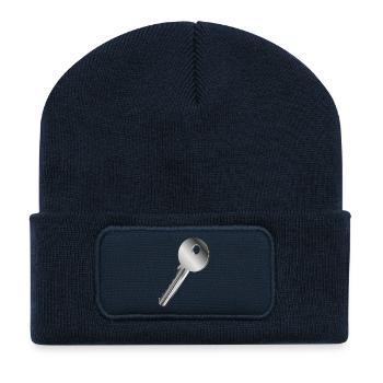 silberfarbener einzelner Schlüssel - Recycelte Patch Beanie - French Navy - Vorne
