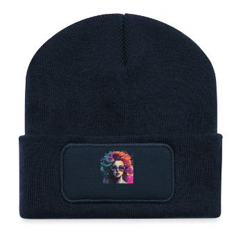 Farbexplosion Frau mit Sonnenbrille - Recycelte Patch Beanie - French Navy - Vorne