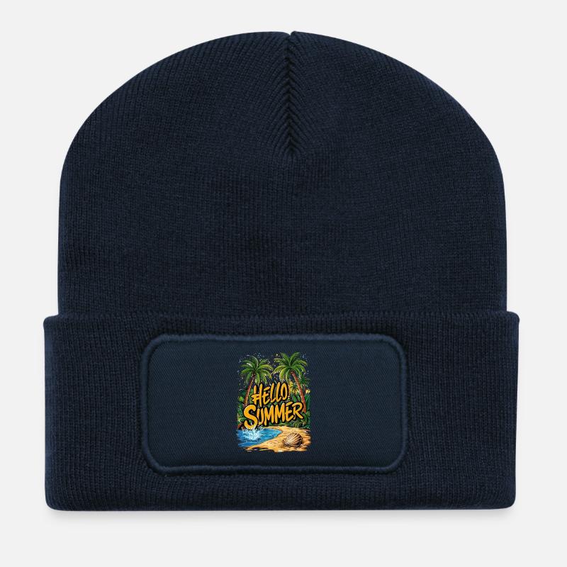 Sommerliche tropische Strandszene - Recycelte Patch Beanie - French Navy