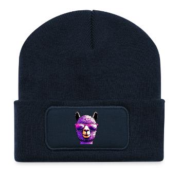 Alpaka mit Sonnenbrille - Recycelte Patch Beanie - French Navy - Vorne