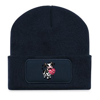 Süßes Kälbchen mit Herzluftballon - Lustiges Kalb  - Recycelte Patch Beanie - French Navy - Vorne