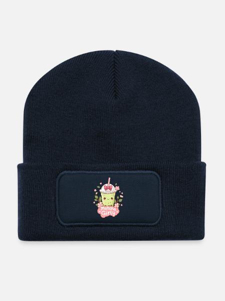 Matcha Latte glacé kawaii aux fleurs de cerisier - Beanie recyclé à patch - bleu marine