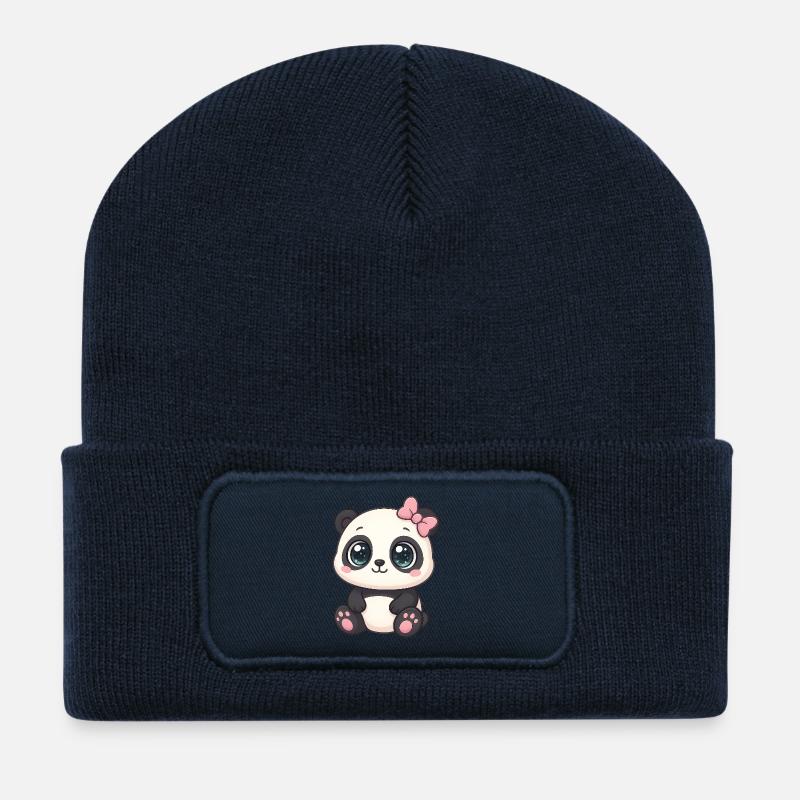 Cute panda with glitter eyes and bow - Recycled Patch Beanie - french navy
