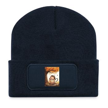 EG Igel in Tasse I Herbst I Urlaub I Geschenkidee - Recycelte Patch Beanie - French Navy - Vorne