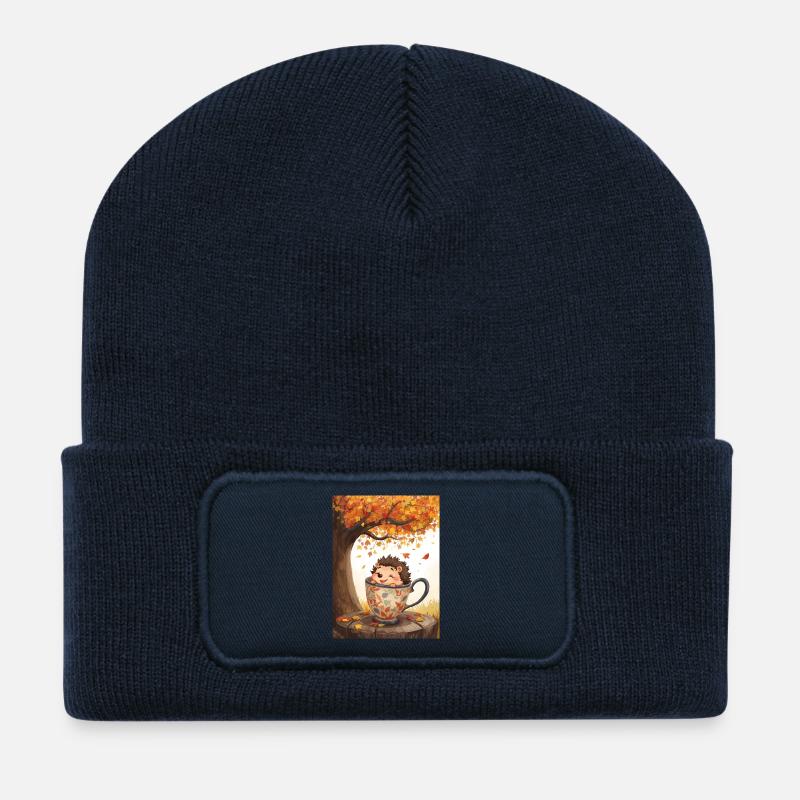 EG Igel in Tasse I Herbst I Urlaub I Geschenkidee - Recycelte Patch Beanie - French Navy