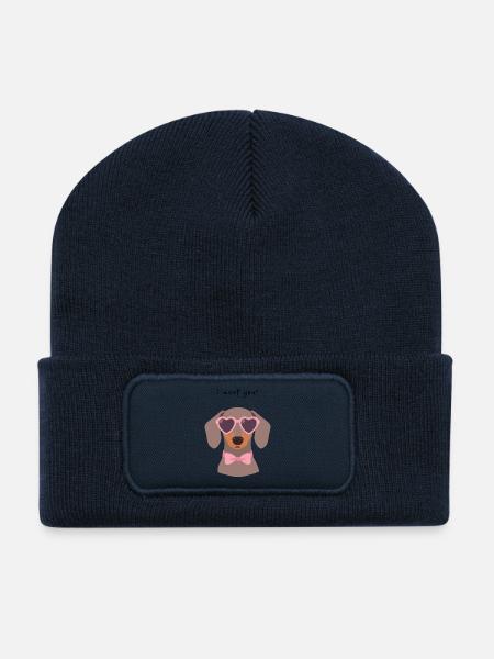 Dackel I Woof You Valentinstag Design - Recycelte Patch Beanie - French Navy