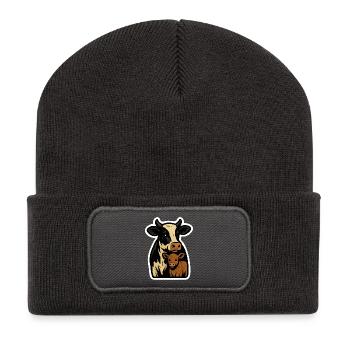 Kuh und Kalb – Modernes Bauernhofmotiv - Recycelte Patch Beanie - Dunkelgrau - Vorne