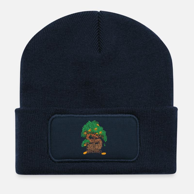 Geldbaum Bonsai mit Geldblättern und Goldmünze - Recycelte Patch Beanie - French Navy