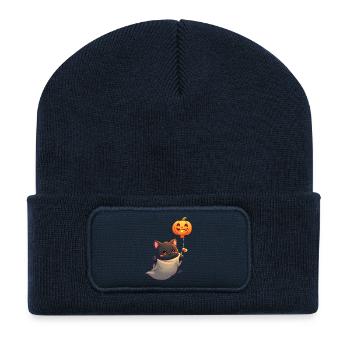 Chat d’Halloween avec citrouille d’Halloween - Beanie recyclé à patch - bleu marine - Devant