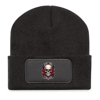 Totenkopf Flügel & Rote Rosen Gothic Totenkopf - Recycelte Patch Beanie - Dunkelgrau - Vorne