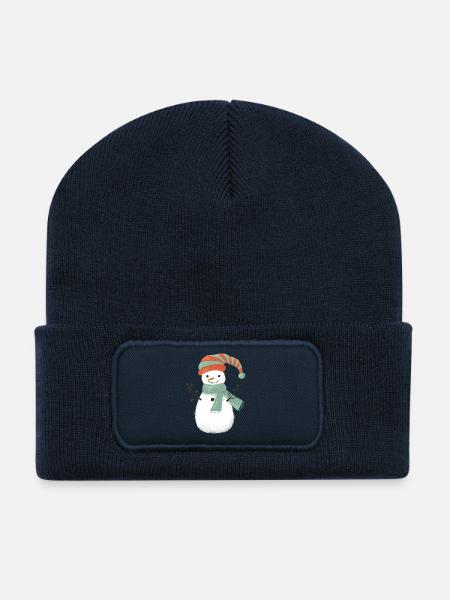 Bonhomme de neige fantaisiste avec écharpe turquoise. Noël - Beanie recyclé à patch - bleu marine