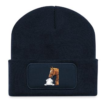 Weißer Schweizer Schäferhund und rotes Pferd - Recycelte Patch Beanie - French Navy - Vorne