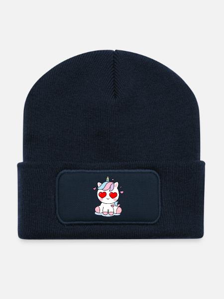 Love Unicorn Kawaii – Cute Heart Design - Beanie recyclé à patch - bleu marine