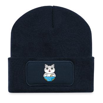 Le chat mange des nouilles - Beanie recyclé à patch - bleu marine - Devant