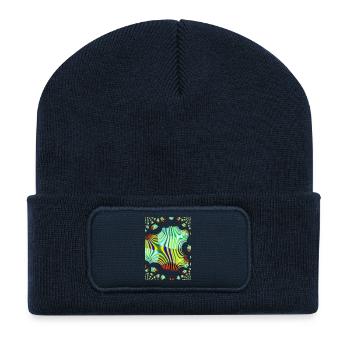Psychedelic Neon Waves Pattern - Recycled Patch Beanie - french navy - Front