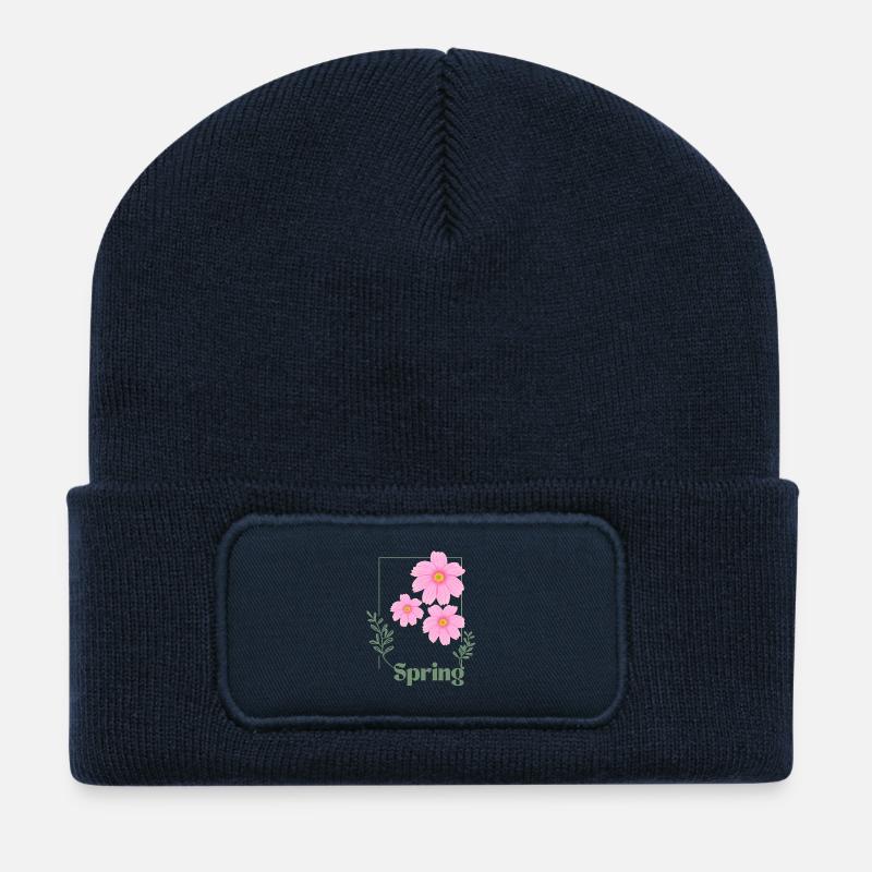 Rose à motif floral printanier - Beanie recyclé à patch - bleu marine