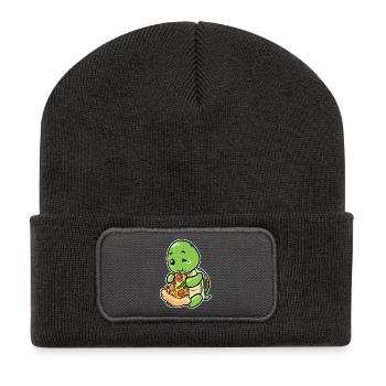 Tortue mignonne avec pizza : motif gastronomique drôle - Beanie recyclé à patch - charbon - Devant