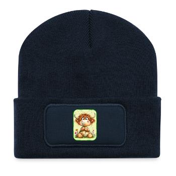 Une jolie vache avec du pissenlit - Beanie recyclé à patch - bleu marine - Devant