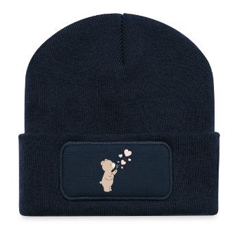 Petit ours mignon avec motif de bulles de savon en forme de cœur - Beanie recyclé à patch - bleu marine - Devant