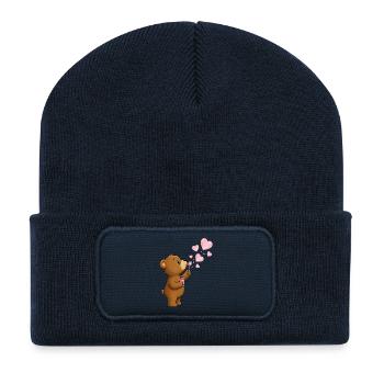 Petit ours mignon avec motif de bulles de savon en forme de cœur - Beanie recyclé à patch - bleu marine - Devant