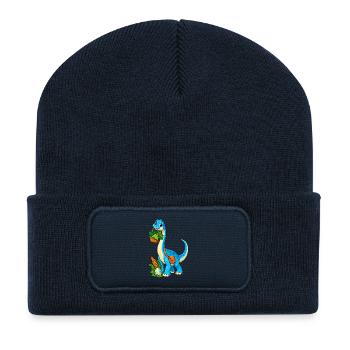 Blauer Dino mit Korb im Dschungel - Recycelte Patch Beanie - French Navy - Vorne