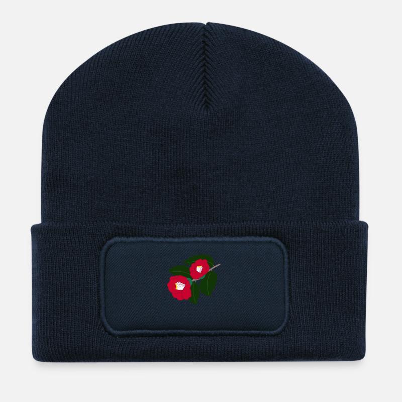 Deux fleurs de camélia rouge - Beanie recyclé à patch - bleu marine