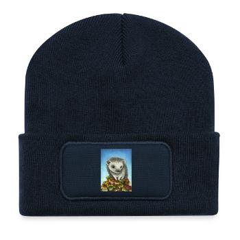 Little hedgehog on a big pile of leaves - Recycled Patch Beanie - french navy - Front