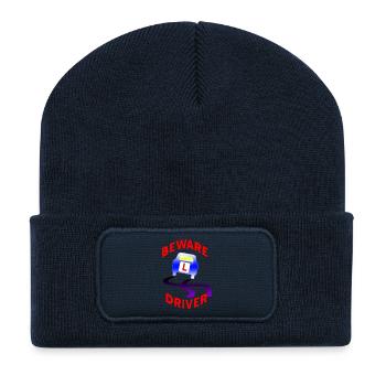 Méfiez-vous du graphique de la voiture du conducteur - Beanie recyclé à patch - bleu marine - Devant