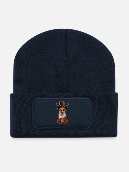 Steampunk Hirsch mit Zylinder Hut und Brille - Recycelte Patch Beanie - French Navy