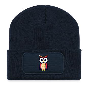 Chouette aux grands yeux curieux - Beanie recyclé à patch - bleu marine - Devant
