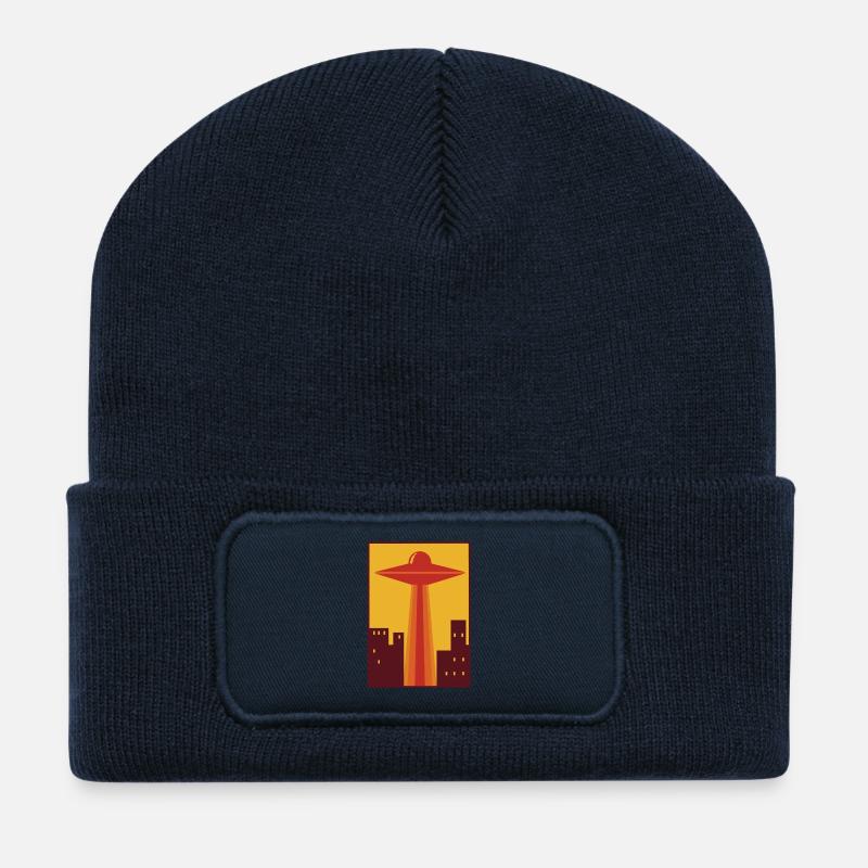 70s UFO over city - Recycled Patch Beanie - french navy