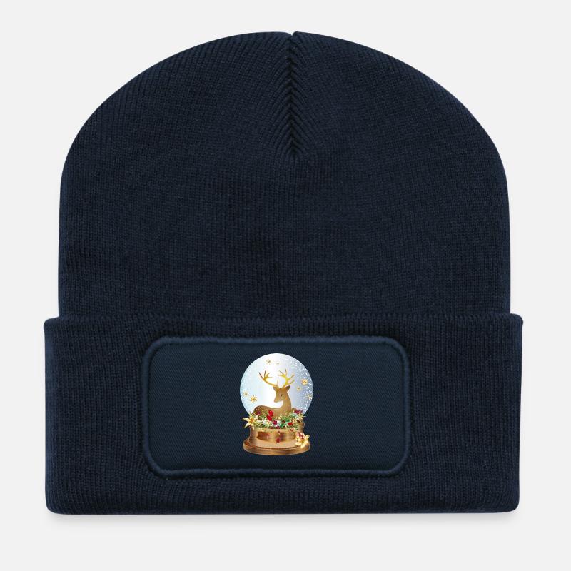 nostalgische Schneekugel mit Hirsch zu Weihnachten - Recycelte Patch Beanie - French Navy