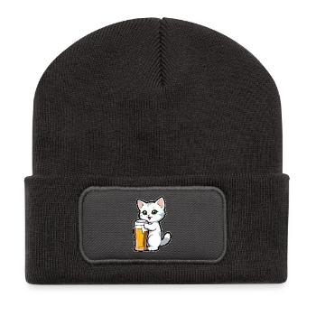 Chat à la bière - Beanie recyclé à patch - charbon - Devant