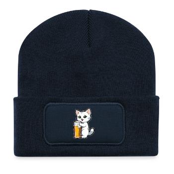 Chat à la bière - Beanie recyclé à patch - bleu marine - Devant