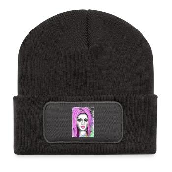 Lila Haare mit Pop-Art Effekt - Recycelte Patch Beanie - Dunkelgrau - Vorne