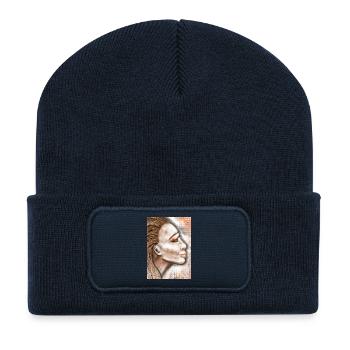Abstrakte Porträtkunst mit Punktmuster - Recycelte Patch Beanie - French Navy - Vorne