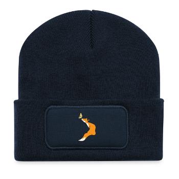 Verspieltes Füchchen mit Schmetterling - Recycelte Patch Beanie - French Navy - Vorne
