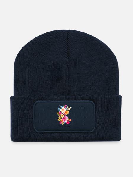 Lebendige Blumenkomposition in drei Farben - Recycelte Patch Beanie - French Navy