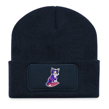 Kleine Katze im lila Pelz - Recycelte Patch Beanie - French Navy - Vorne