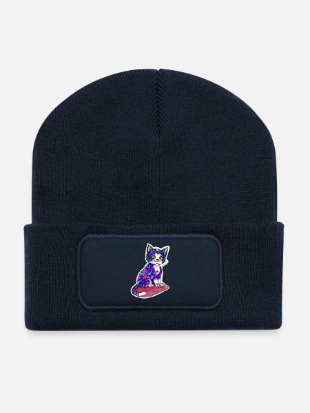 Kleine Katze im lila Pelz - Recycelte Patch Beanie - French Navy