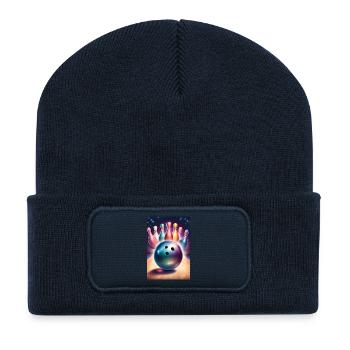 Bowlingkugel und hübsche bunte Anstecknadeln - Recycelte Patch Beanie - French Navy - Vorne