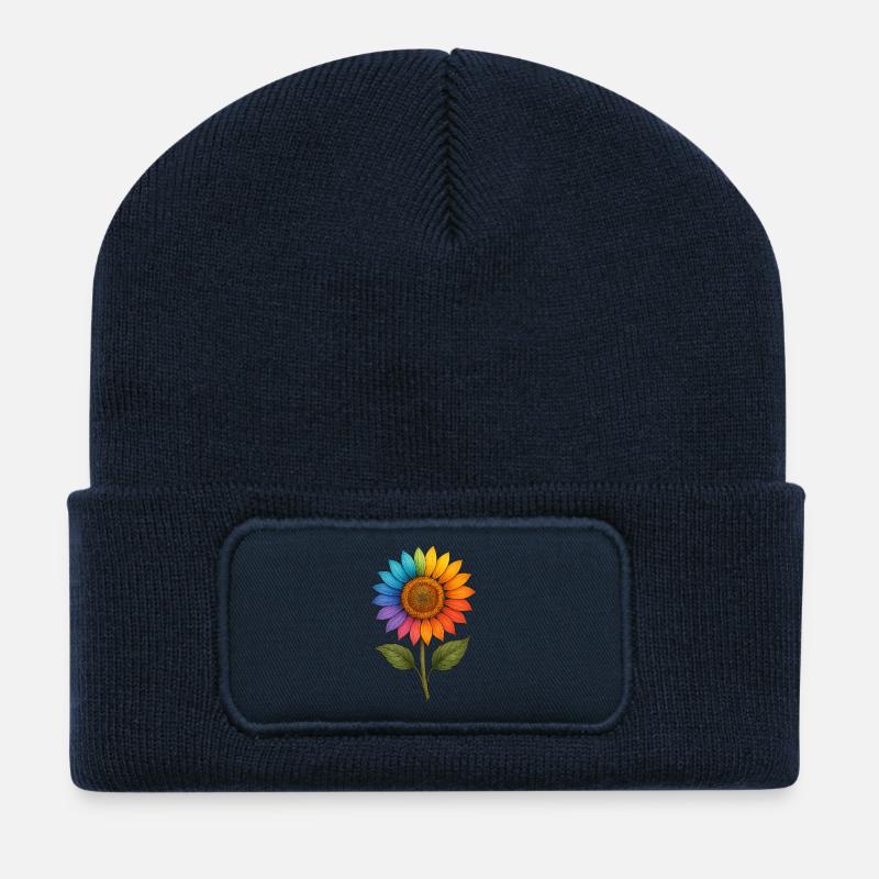 Rainbow Sunflower – Un design floral coloré avec - Beanie recyclé à patch - bleu marine
